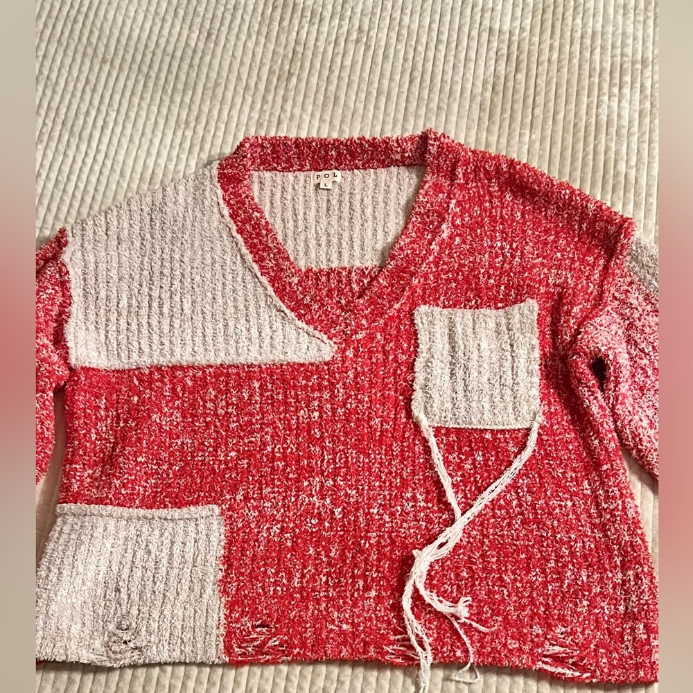POL Red and Cream V-Neck Sweater
